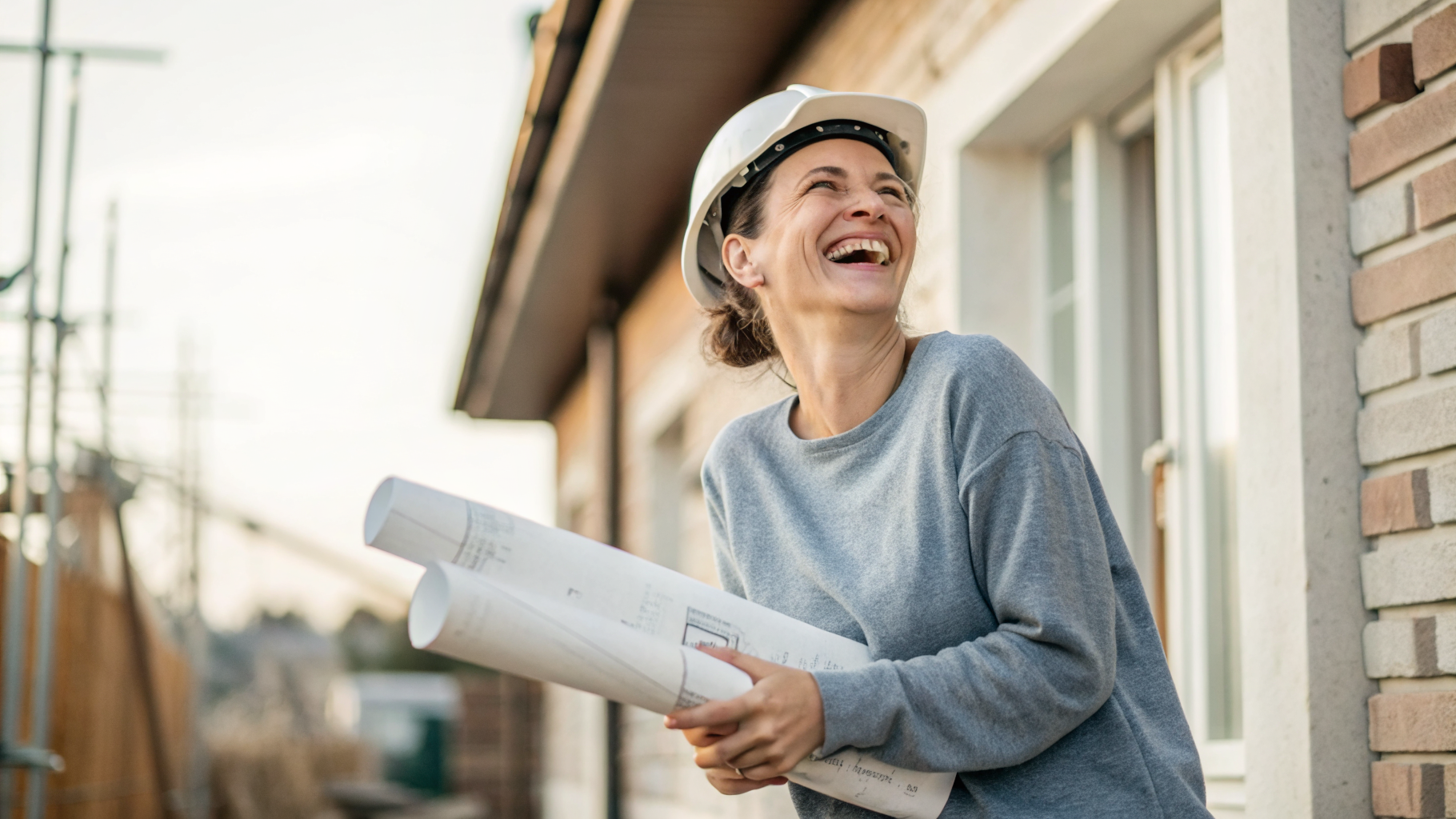 A homeowner smiling in front of her part-built extension
